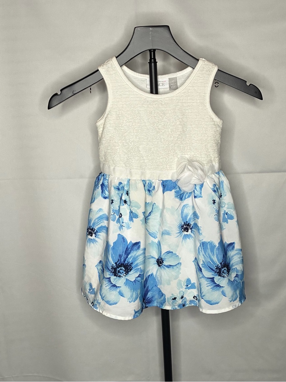 Girls White & Blue Floral Sleeveless Dress